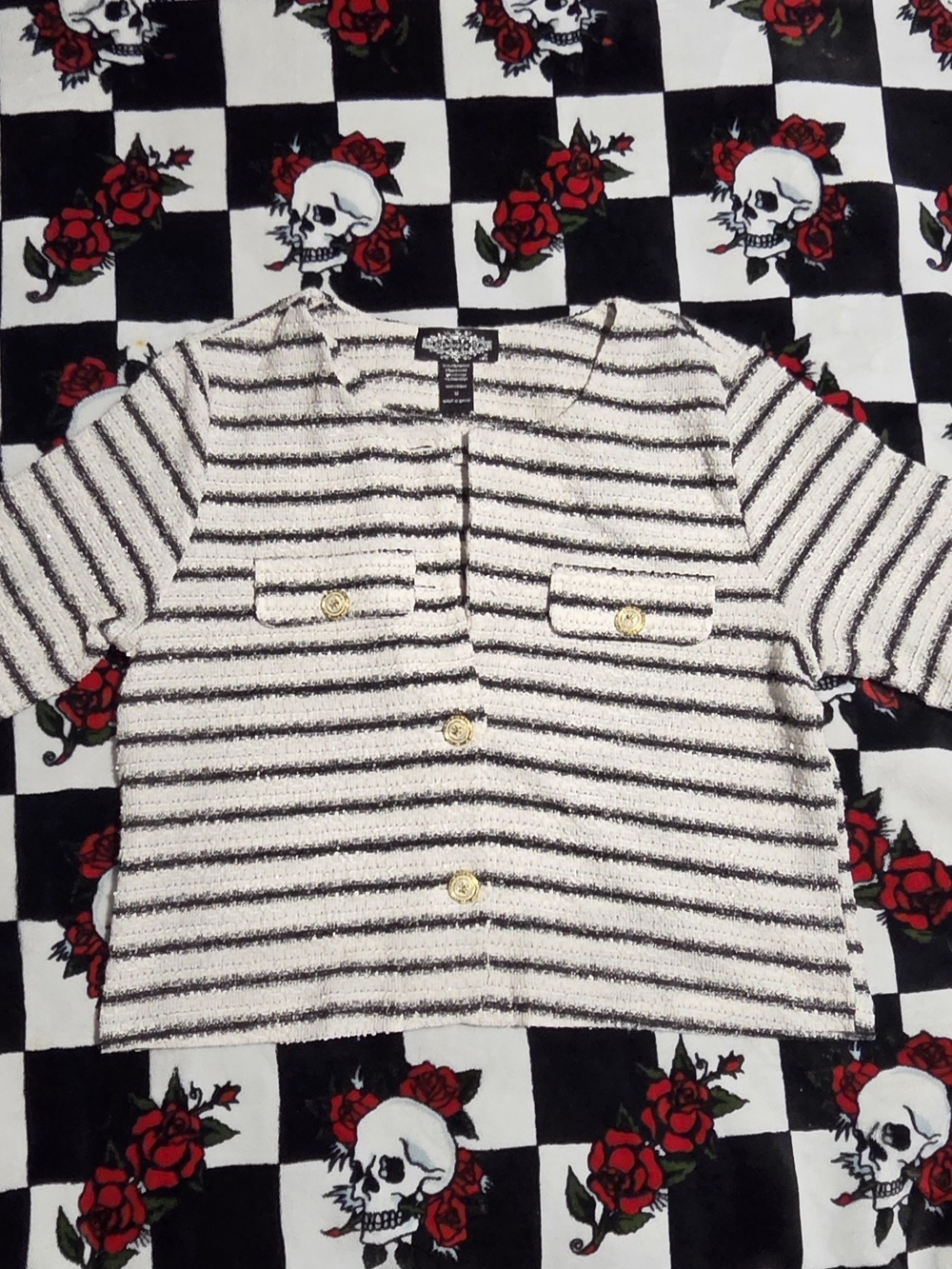 Tweed Striped Short Sleeve Cardigan Top